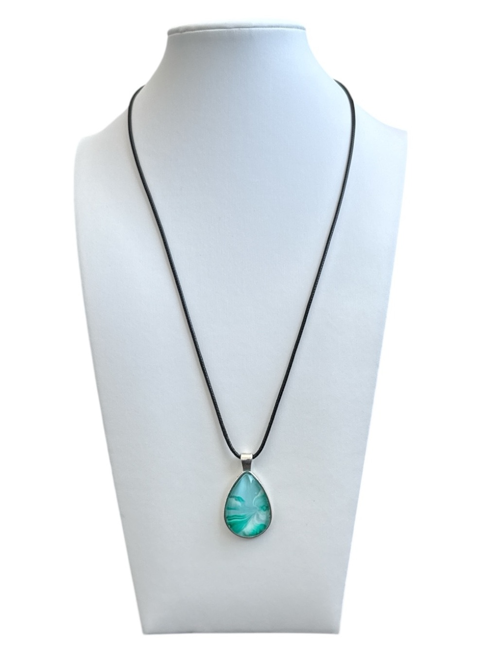 Hand Crafted Green White Teardrop Fluid Art Pendant Necklace by Svetlana Yeung